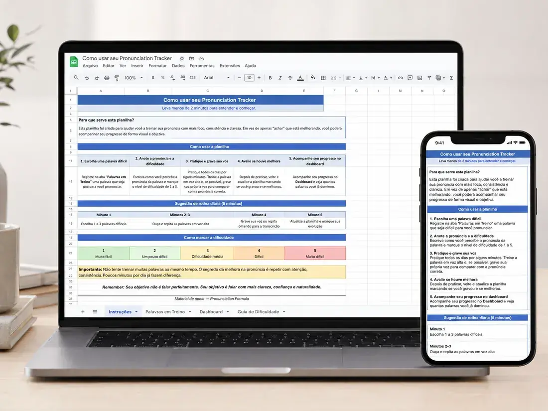 Planilha de Evolução aberta em um notebook e em um celular